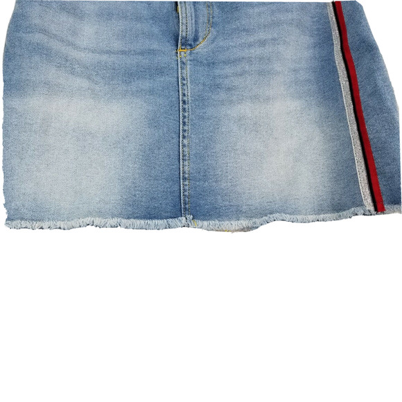 Zara Denim Jean Mini Skirt Medium Pockets Red Silver Stripes Raw Hem Z1975 - Picture 8 of 11